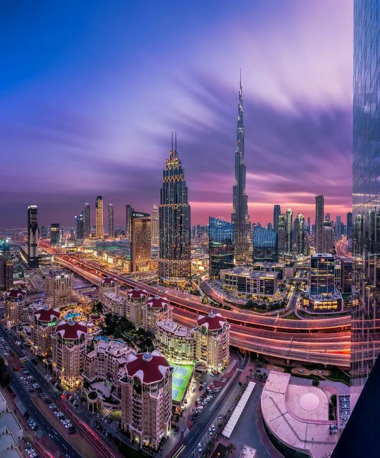 vertical shot dubai city center skyscrapers high rise buildings evening uae 255449515
